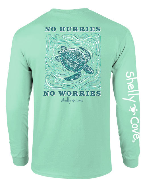 NO HURRIES, NO WORRIES TURTLE, ADULT LS COMFORT COLORS TEE (PRINTED TO ORDER)