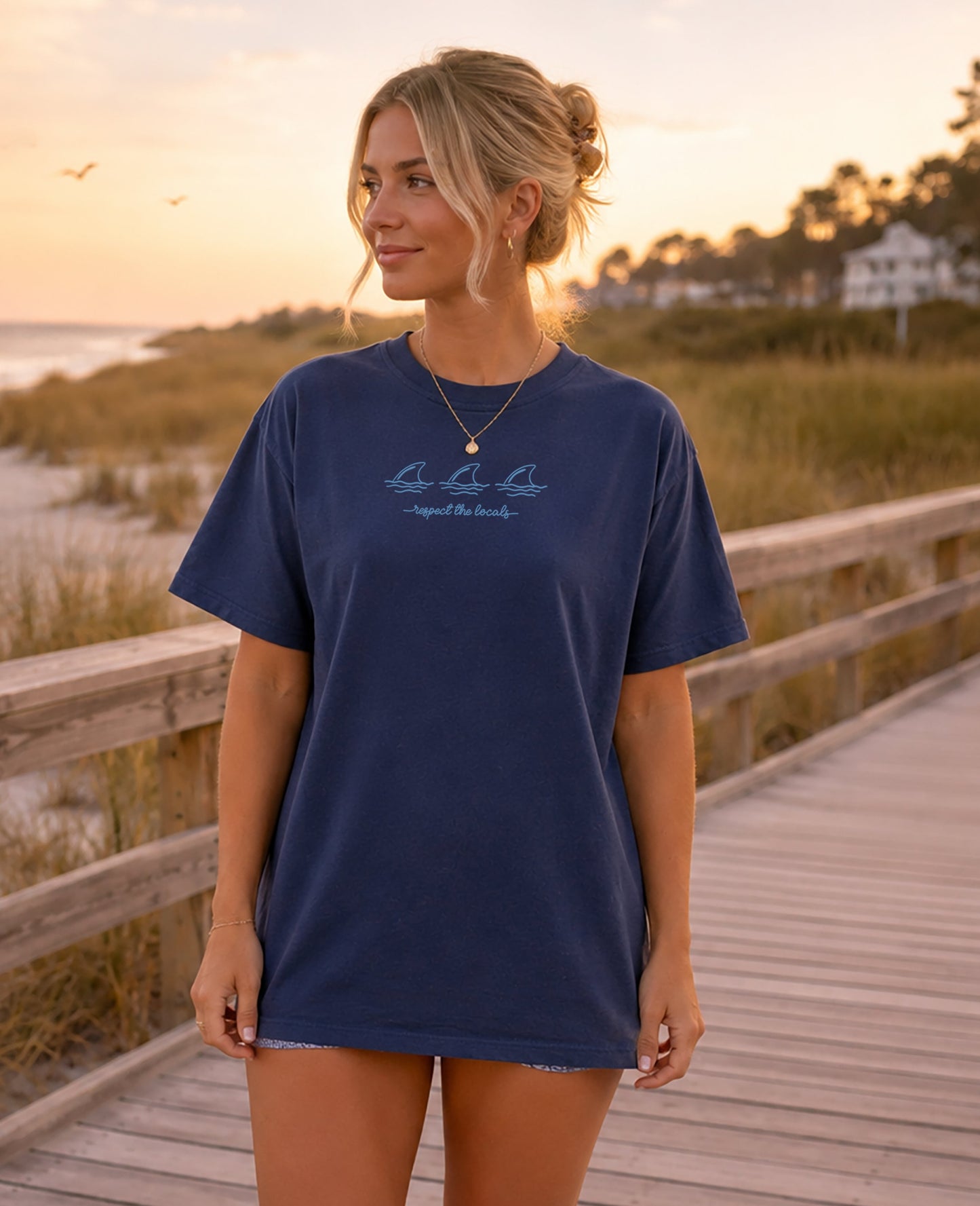 SHELLY COVE RESPECT THE LOCALS SHARKS, EMBROIDERED TEE