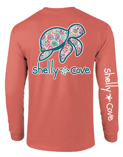 TURQUOISE AND CORAL PATTERN TURTLE, ADULT LS (PRE-ORDER, SHIPS IN 2 WEEKS)