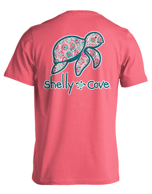 TURQUOISE AND CORAL PATTERN TURTLE, COMFORT COLORS TEE